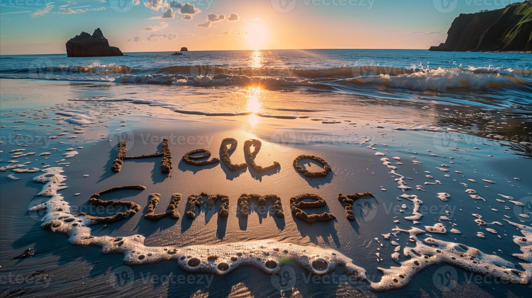 AI generated Hello Summer written in the sand on a sunny beach photo