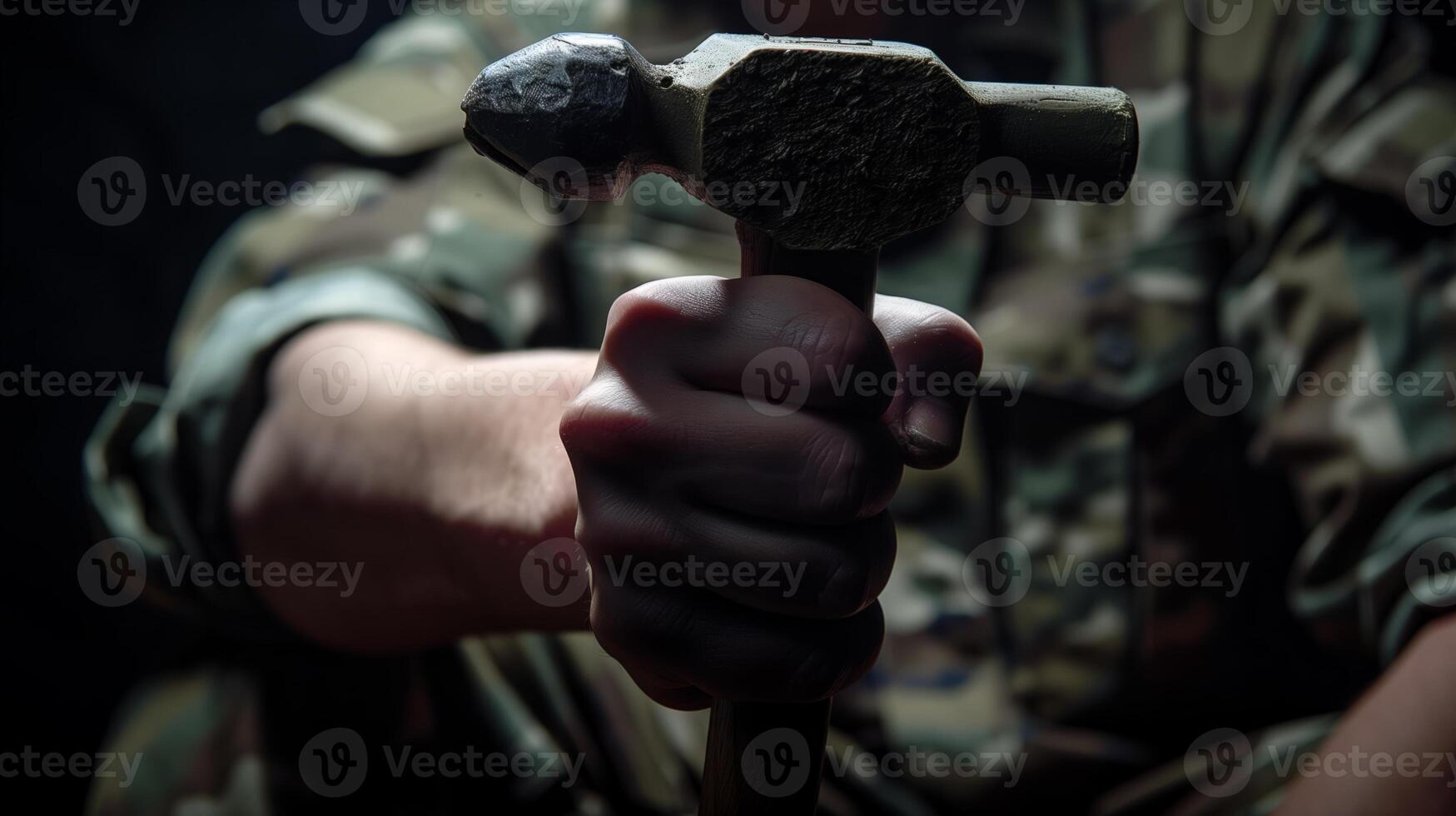AI generated Close-up of a man's hand gripping a hammer photo
