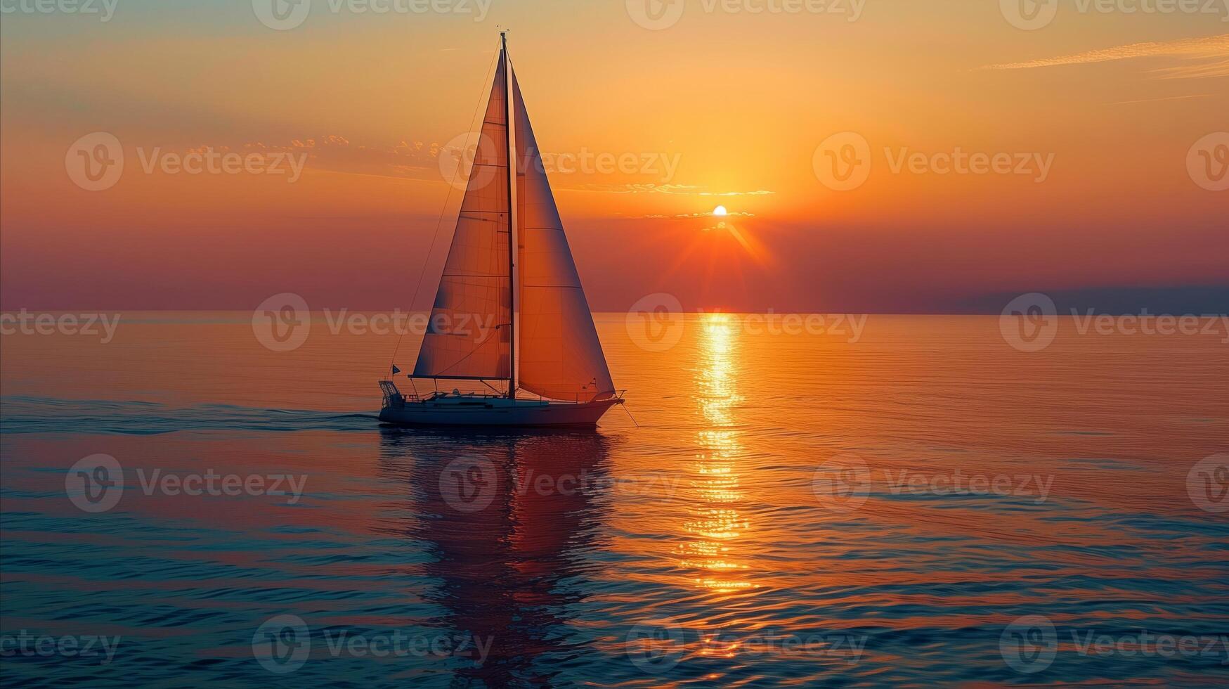 AI generated Sailboat on the Horizon at Sunset with Golden Light photo
