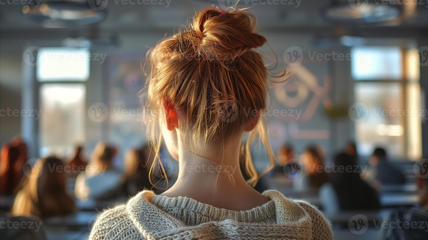 AI generated Young student focused in a classroom setting, shot from behind photo