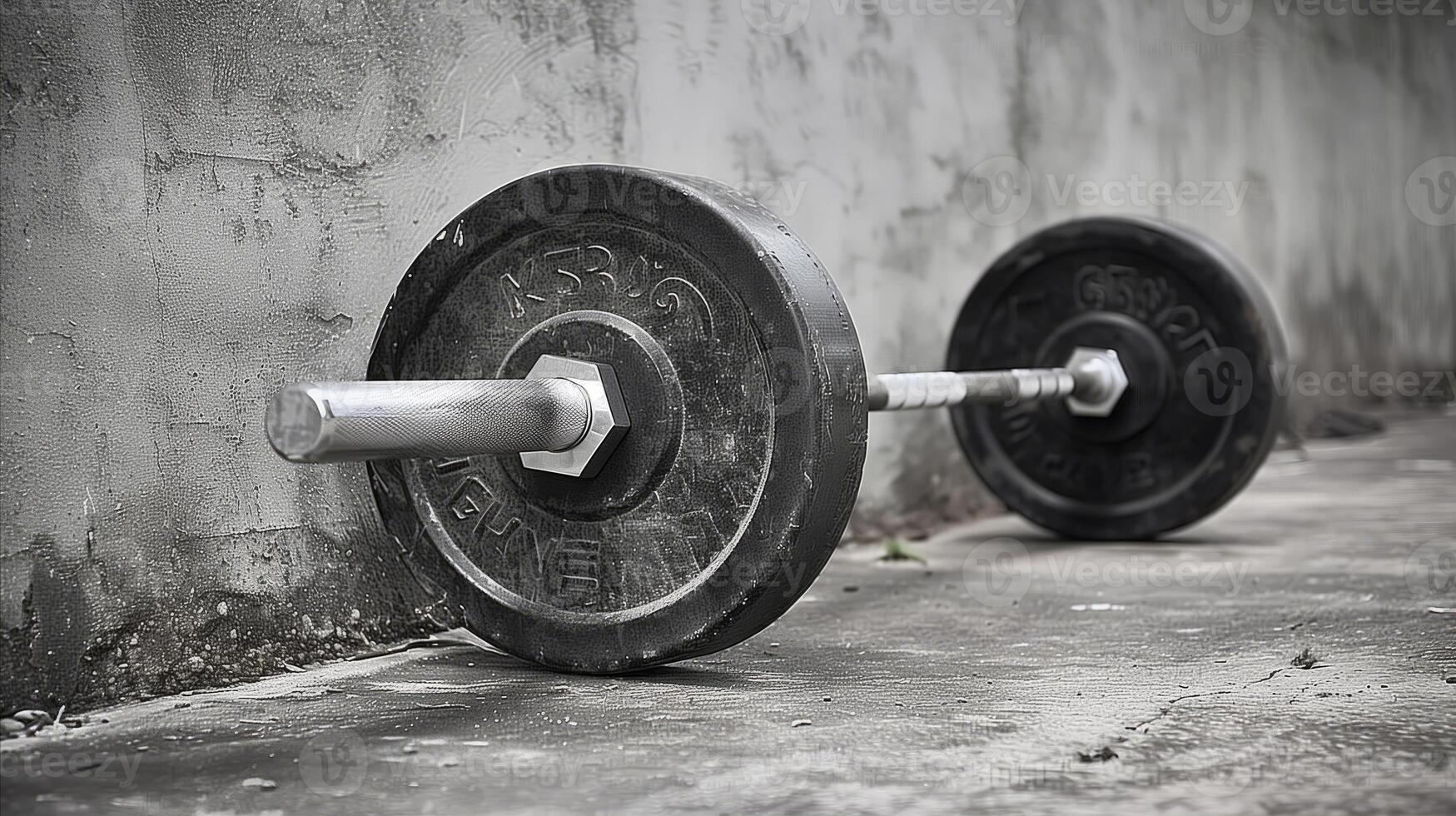 AI generated Heavy barbell on concrete floor in gritty urban setting photo