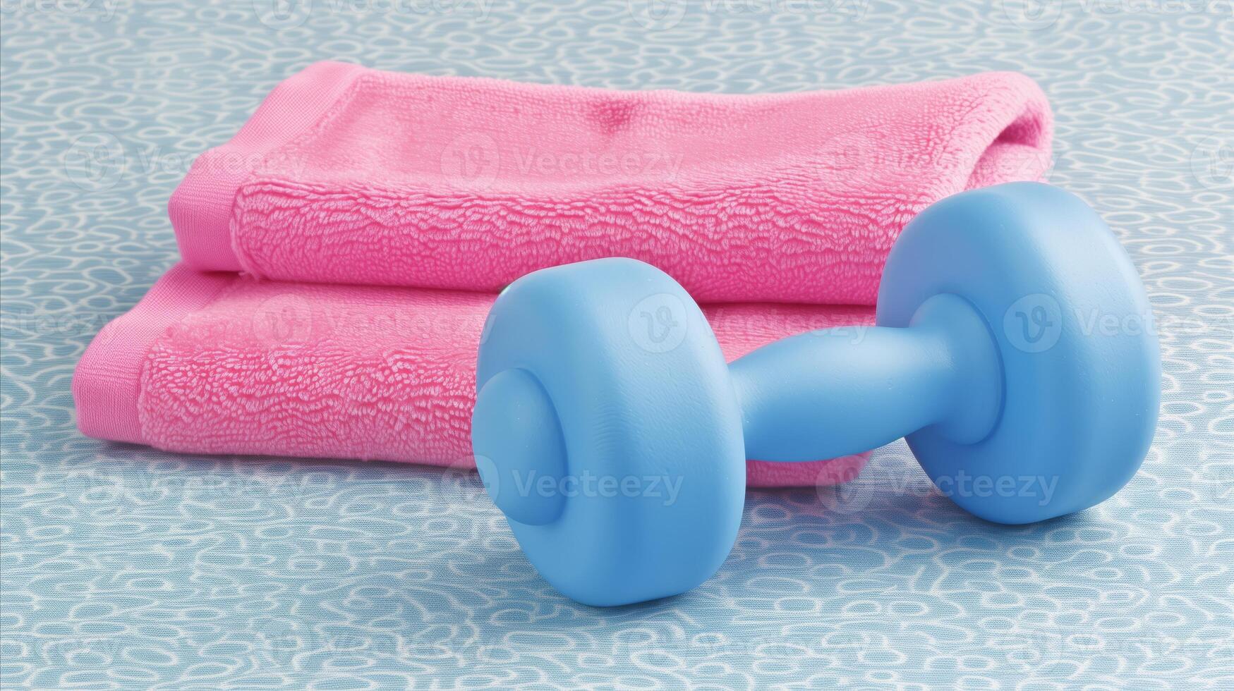 AI generated Pink towel and blue dumbbell on patterned background photo