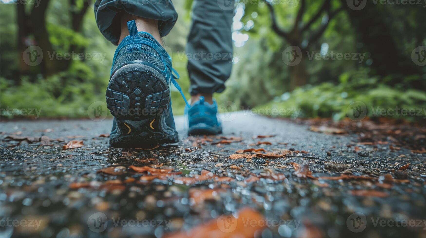 AI generated Morning run in a serene park, close-up of running shoes photo