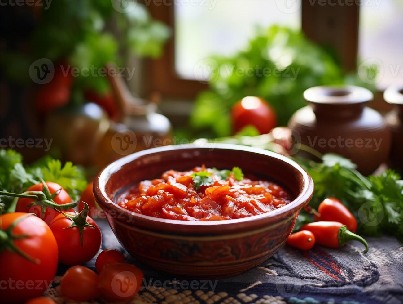 AI generated Delicious Mexican salsa sauce in a Mexican bowl with vegetables and greens. Traditional food, Latin American, Mexican cuisine. Close-up, background with bokeh effect. photo