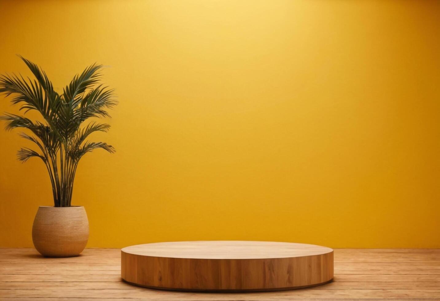 AI generated Wooden cut podium on yellow room background photo