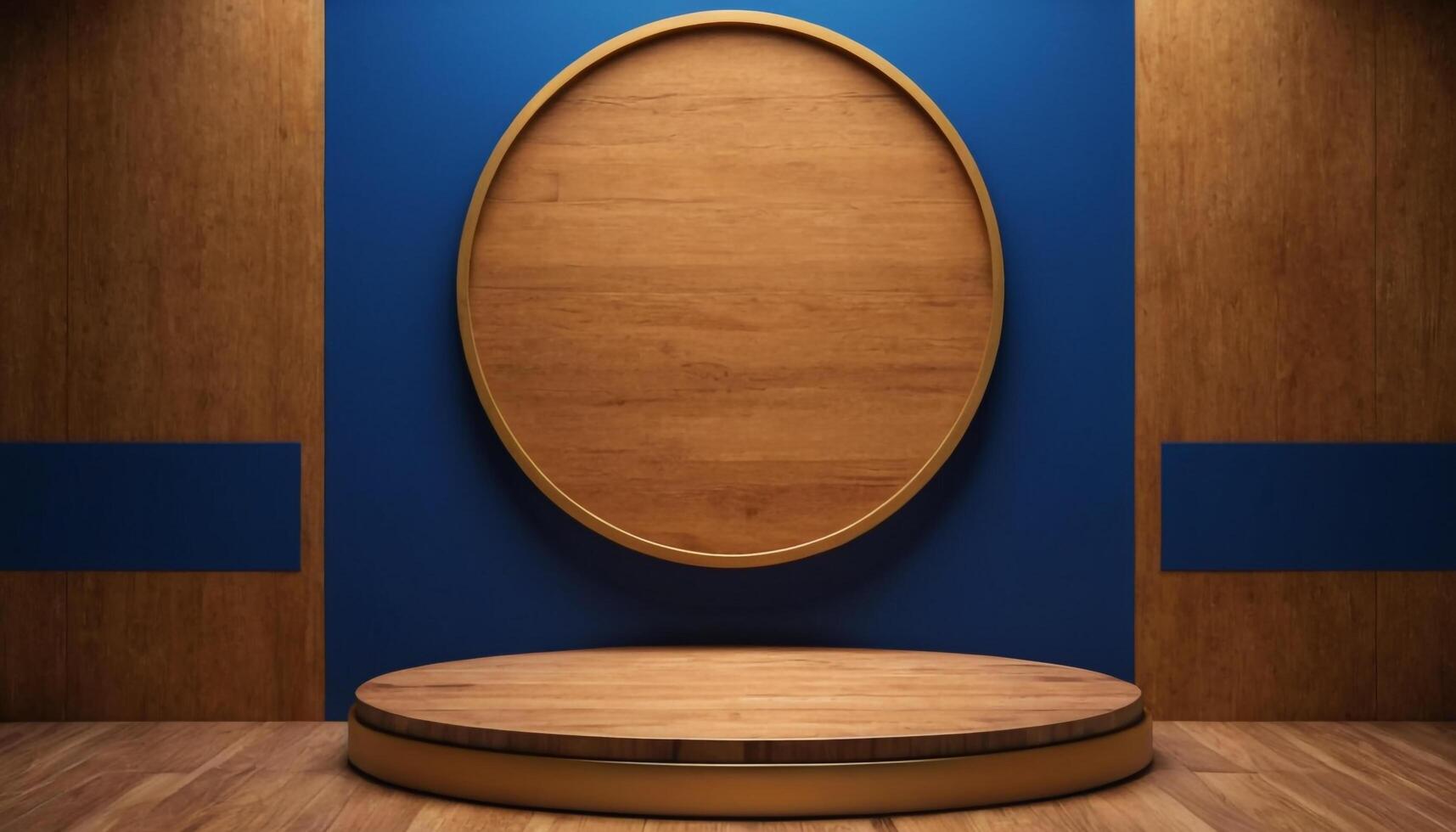 AI generated Royal Blue background with a wooden podium. Luxury Podium photo