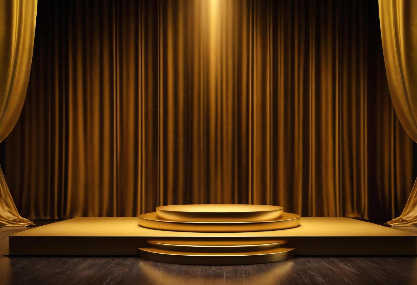 AI generated 3d Gold podium background and gold fabric curtain with luxury background photo