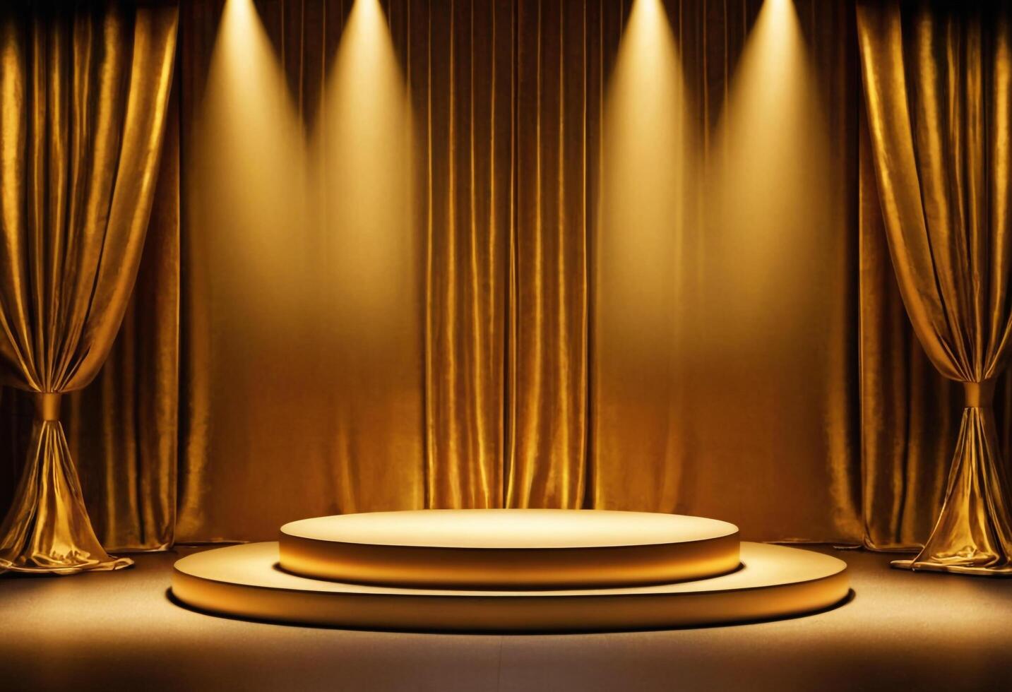 AI generated 3d Gold podium background and gold fabric curtain with luxury background photo