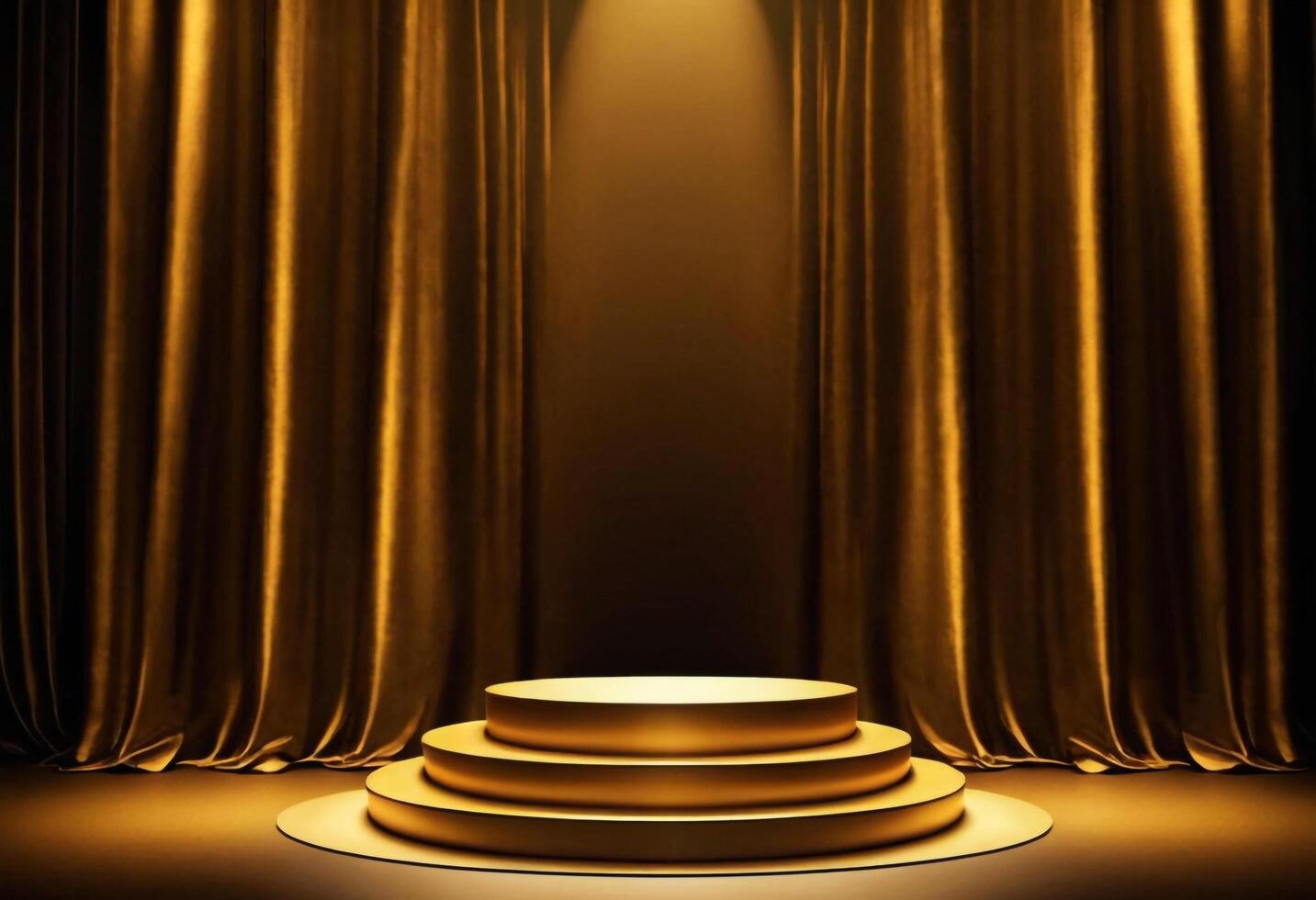 AI generated 3d Gold podium background and gold fabric curtain with luxury background photo