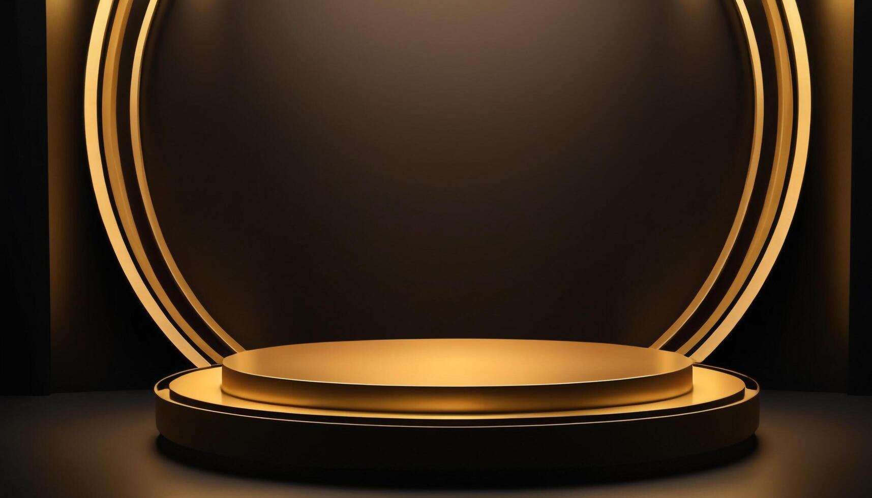 AI generated Empty gold podium with gold ring on background. 3d render. Dark abstract luxury Background photo