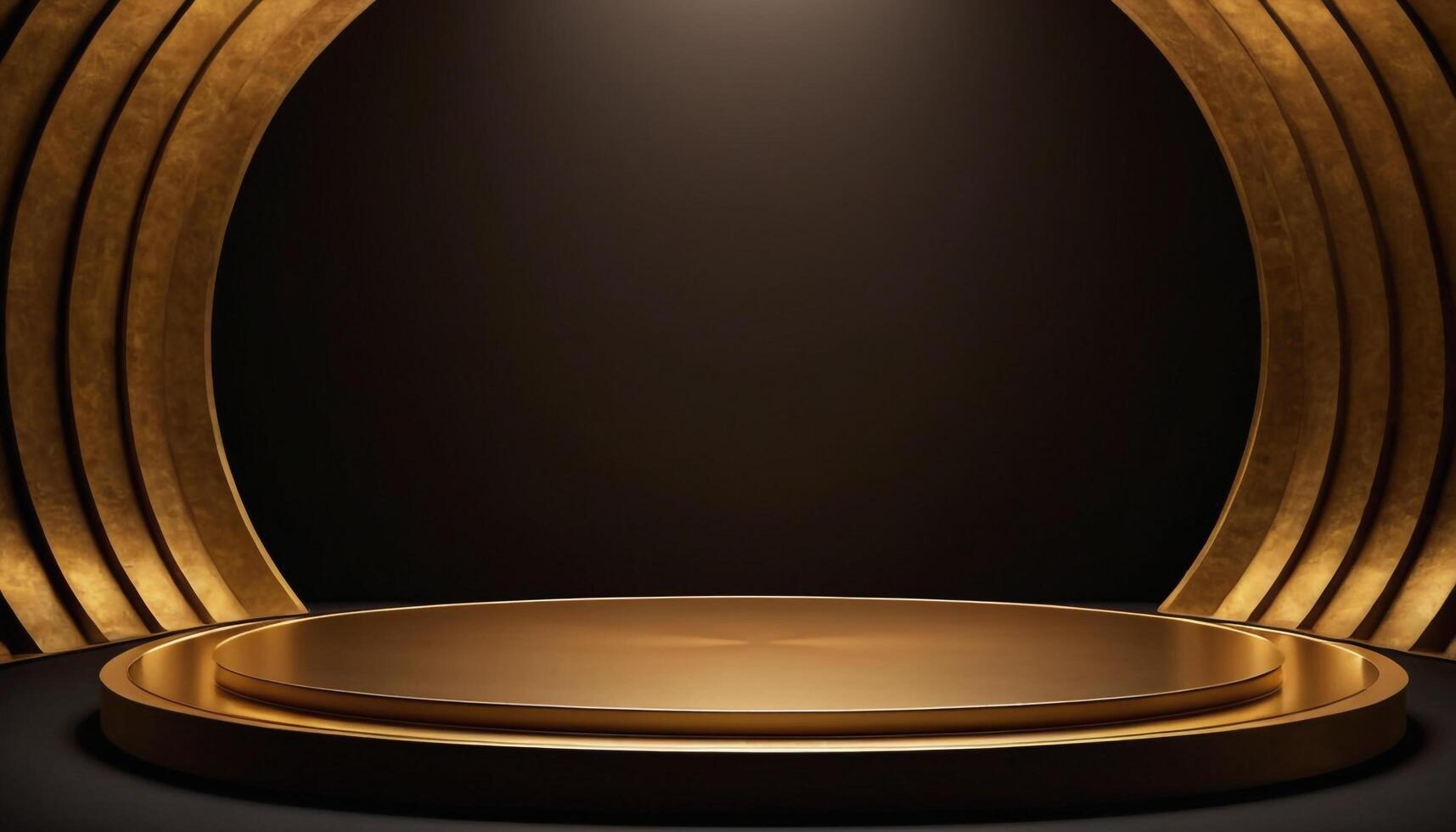 AI generated Empty gold podium with gold ring on background. 3d render. Dark abstract luxury Background photo