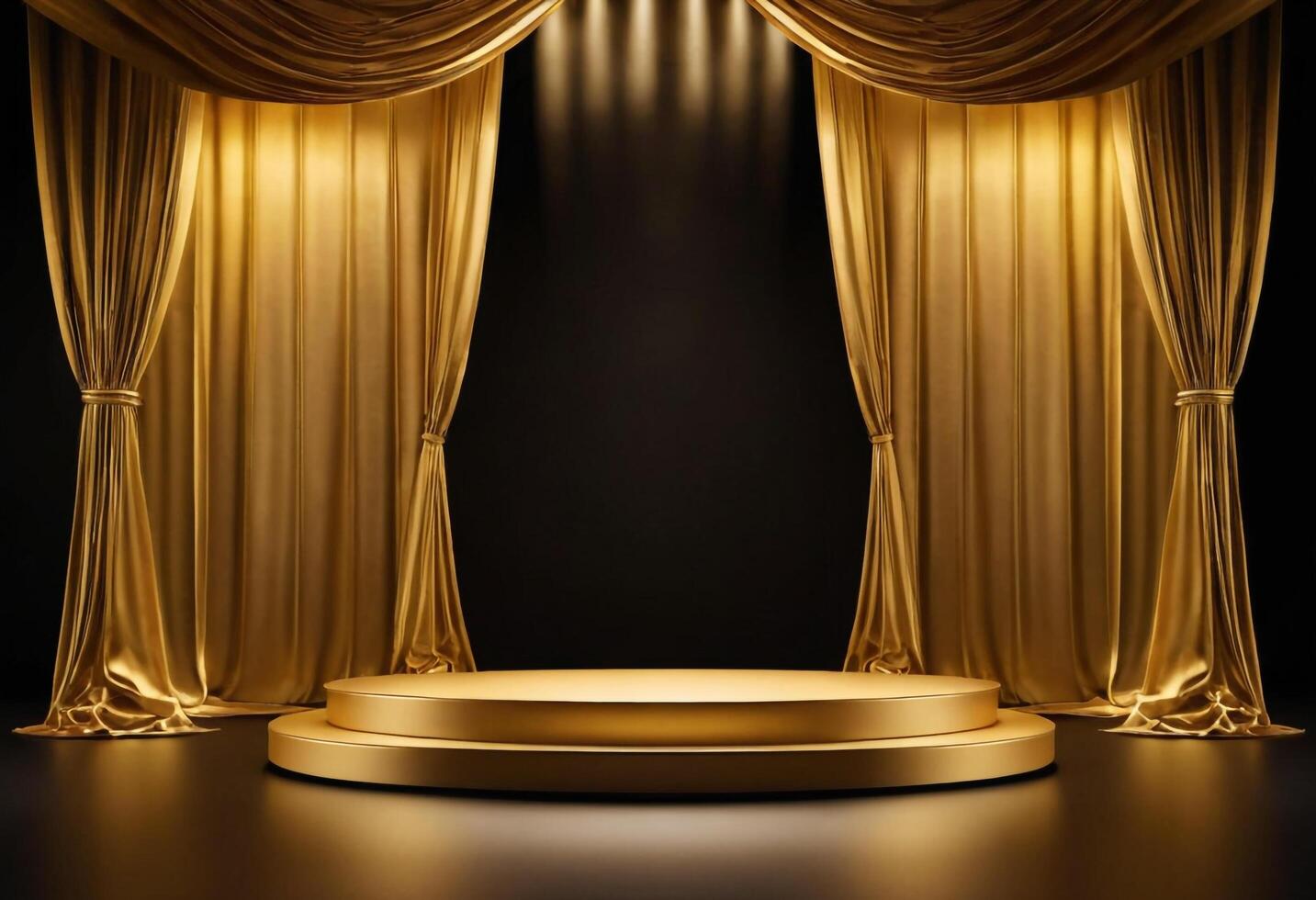 AI generated 3d Gold podium background and gold fabric curtain with luxury background photo