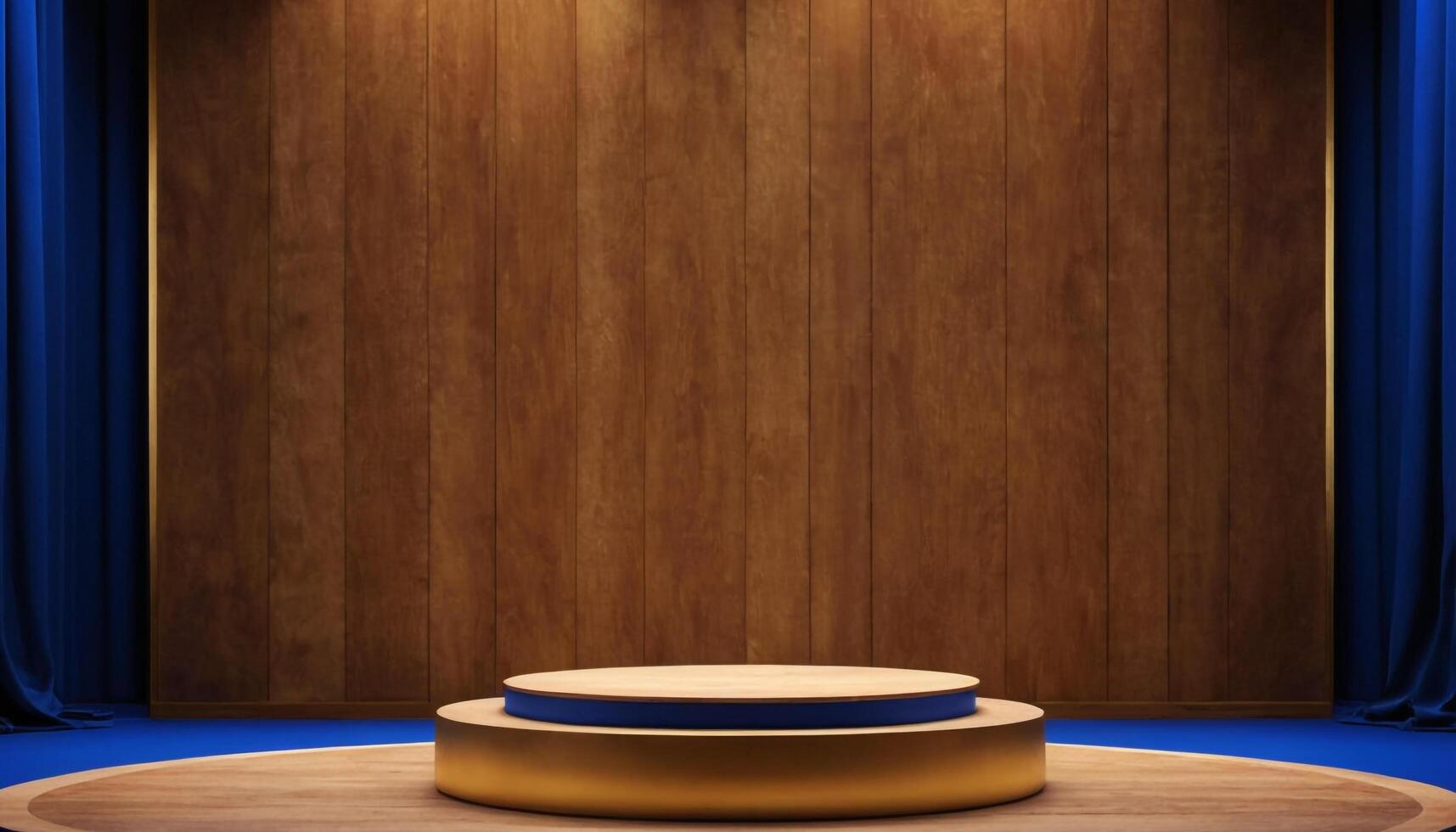 AI generated Royal Blue background with a wooden podium. Luxury Podium photo