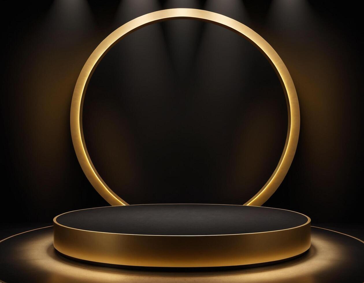 AI generated Empty gold podium with gold ring on background. 3d render. Dark abstract luxury Background photo