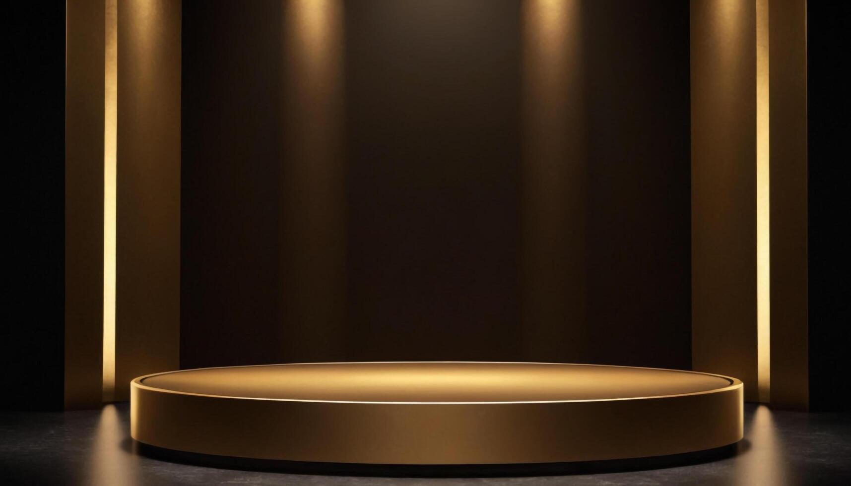 AI generated Empty gold podium with gold ring on background. 3d render. Dark abstract luxury Background photo