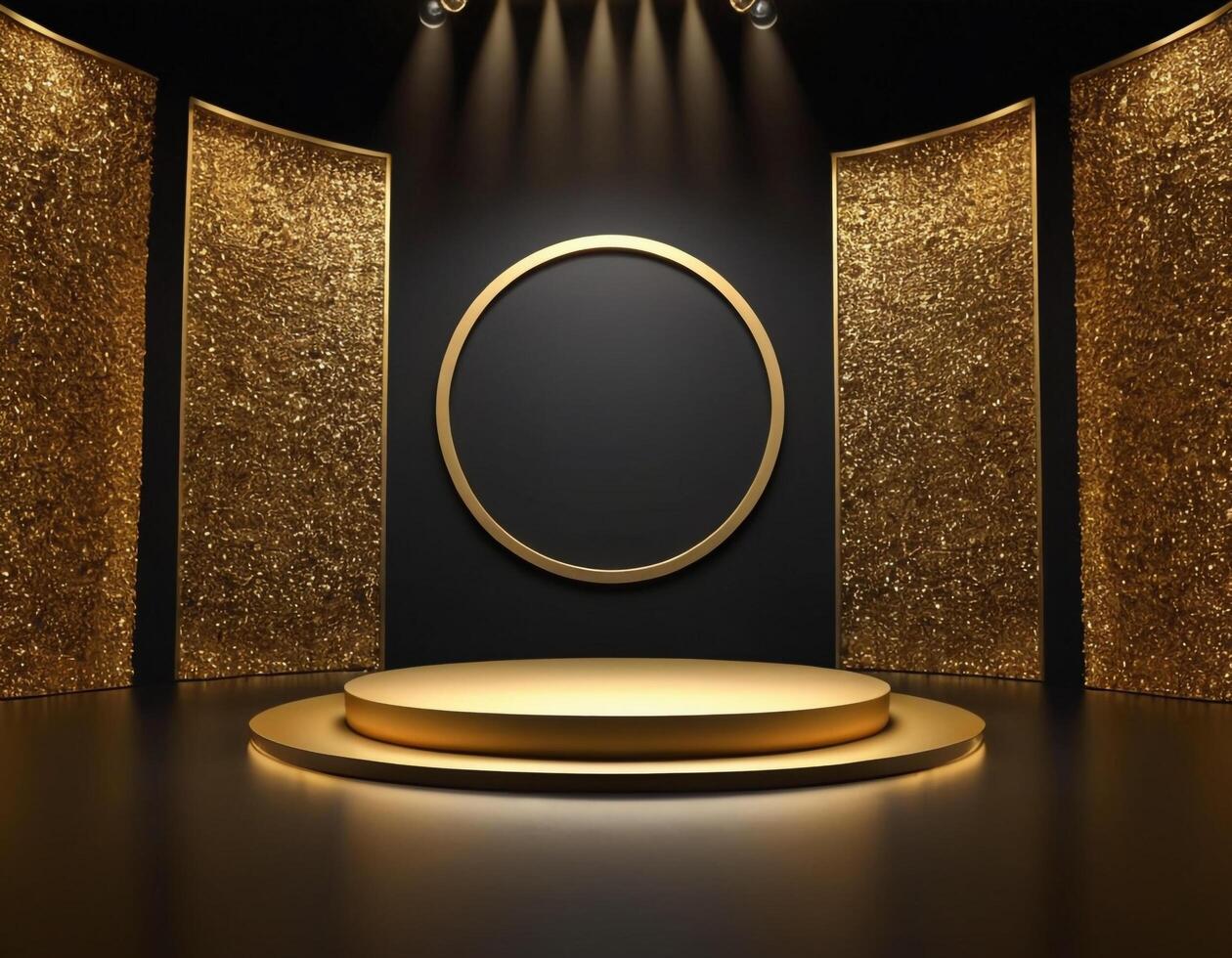 AI generated Empty gold podium with gold ring on background. 3d render. Dark abstract luxury Background photo