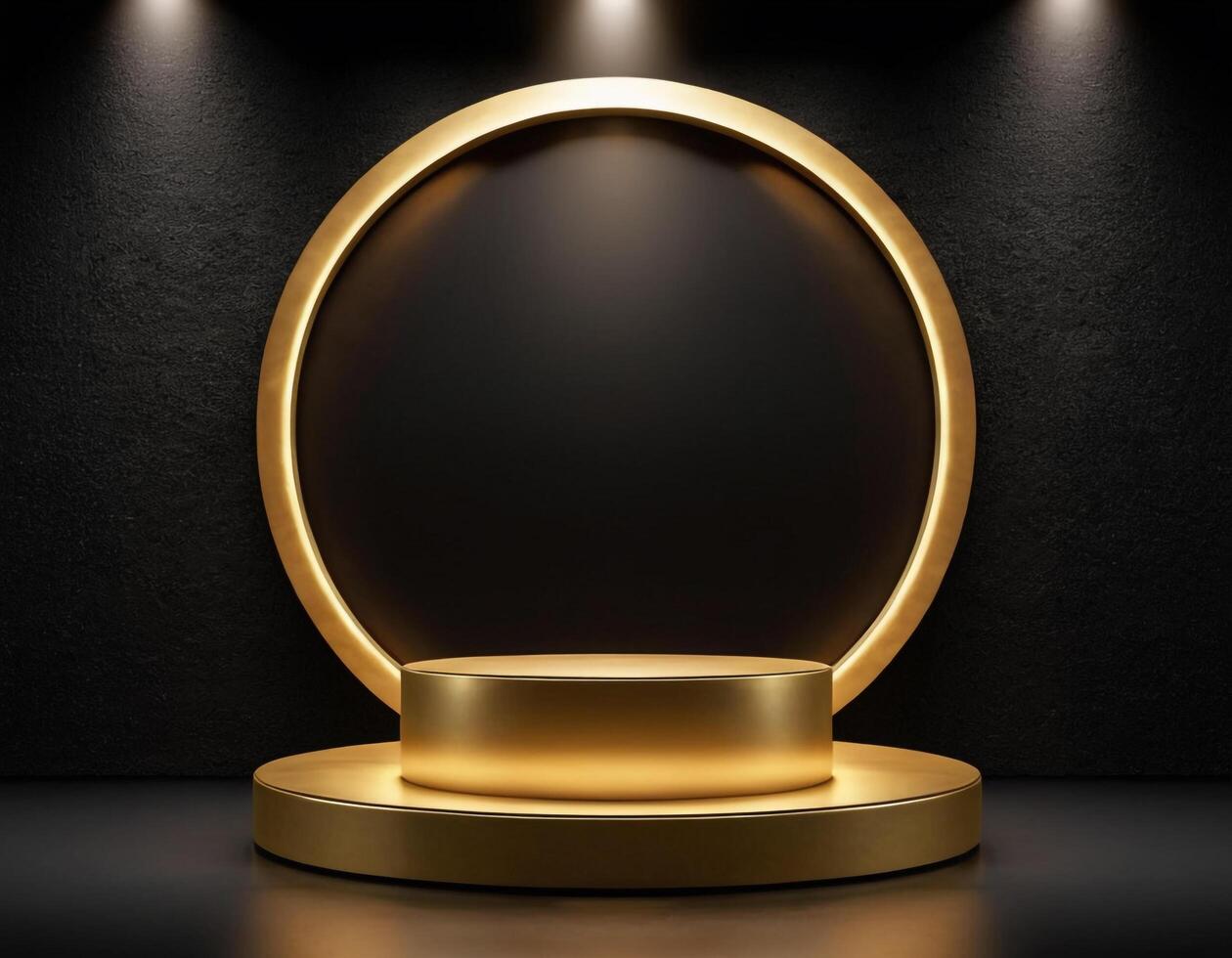 AI generated Empty gold podium with gold ring on background. 3d render. Dark abstract luxury Background photo