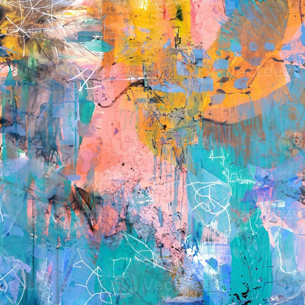 Vibrant Abstract Art, Multicolor Canvas with Grunge Texture and Paint Elements. photo