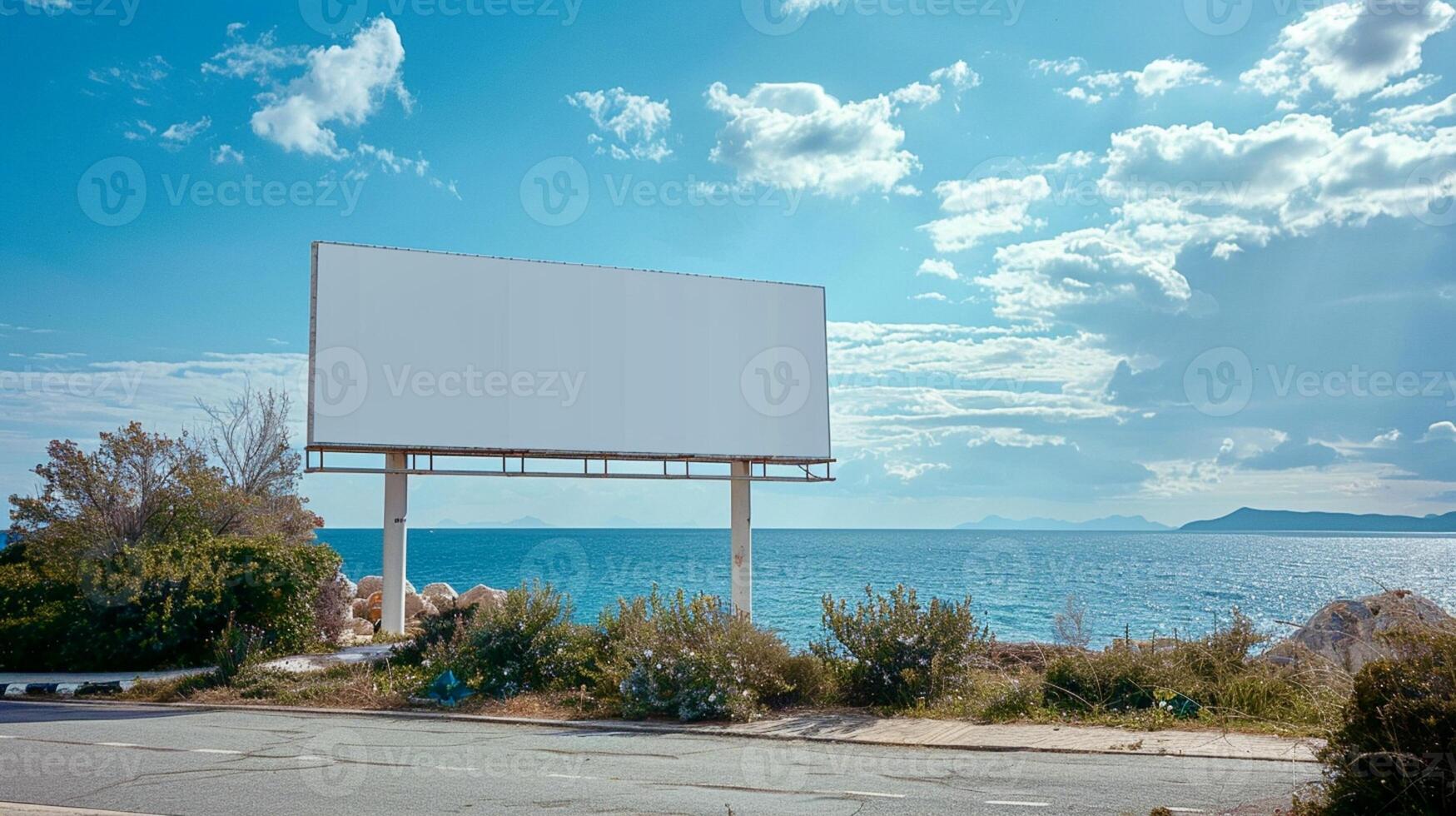 AI Generated white empty horizontal billboard on the side of the road in sunny weather against a beautiful seascape photo