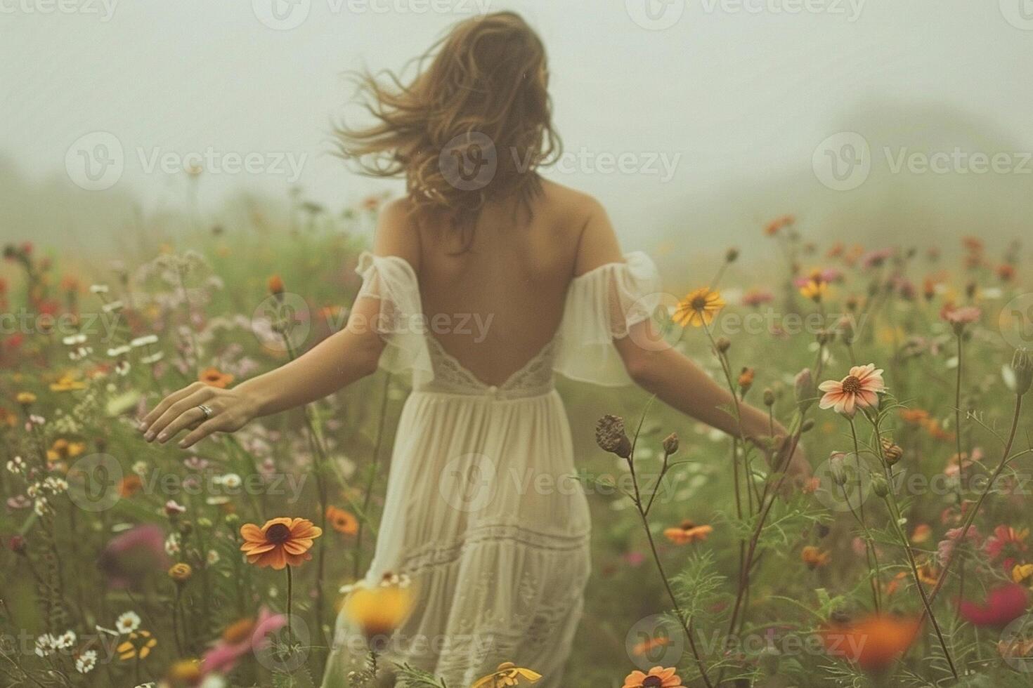 AI Generated Soft focus, girl in light light dress with light skin and long blonde hair walking in a meadow among the color in the early foggy morning photo