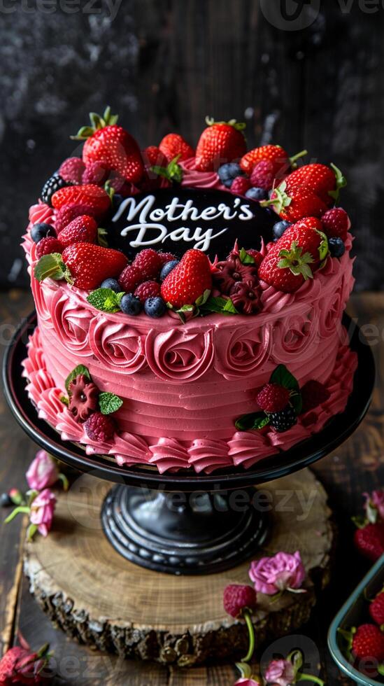 ai generado rosado delicioso pastel con fresas Felicidades para mamá y con letras contento de la madre día foto