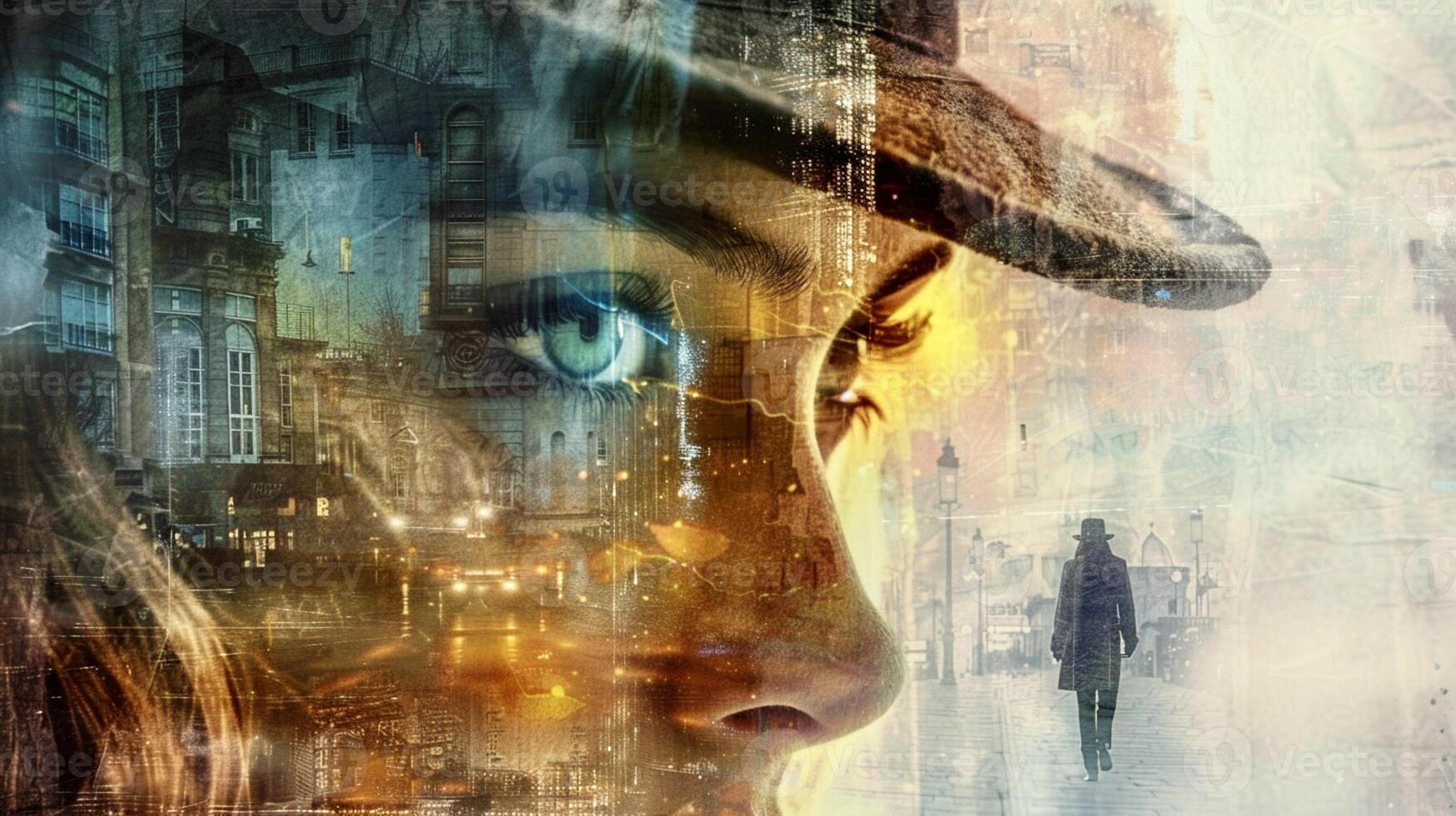 AI Generated Double exposure of a girl's face close-up in the background of a man walking away in a hat and coat photo