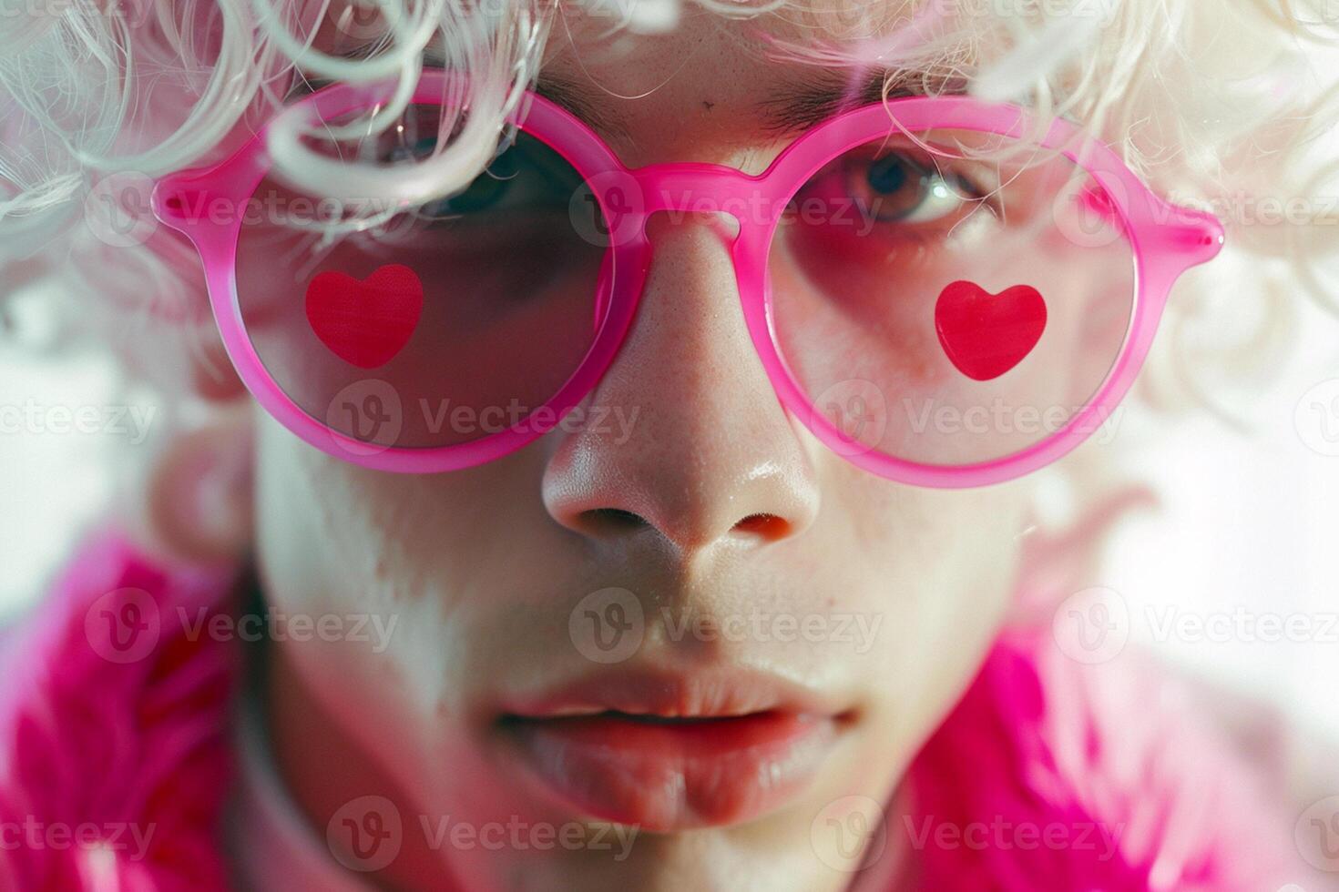 AI Generated Close up of a guy with white hair in which pink hearts and in pink round glasses photo