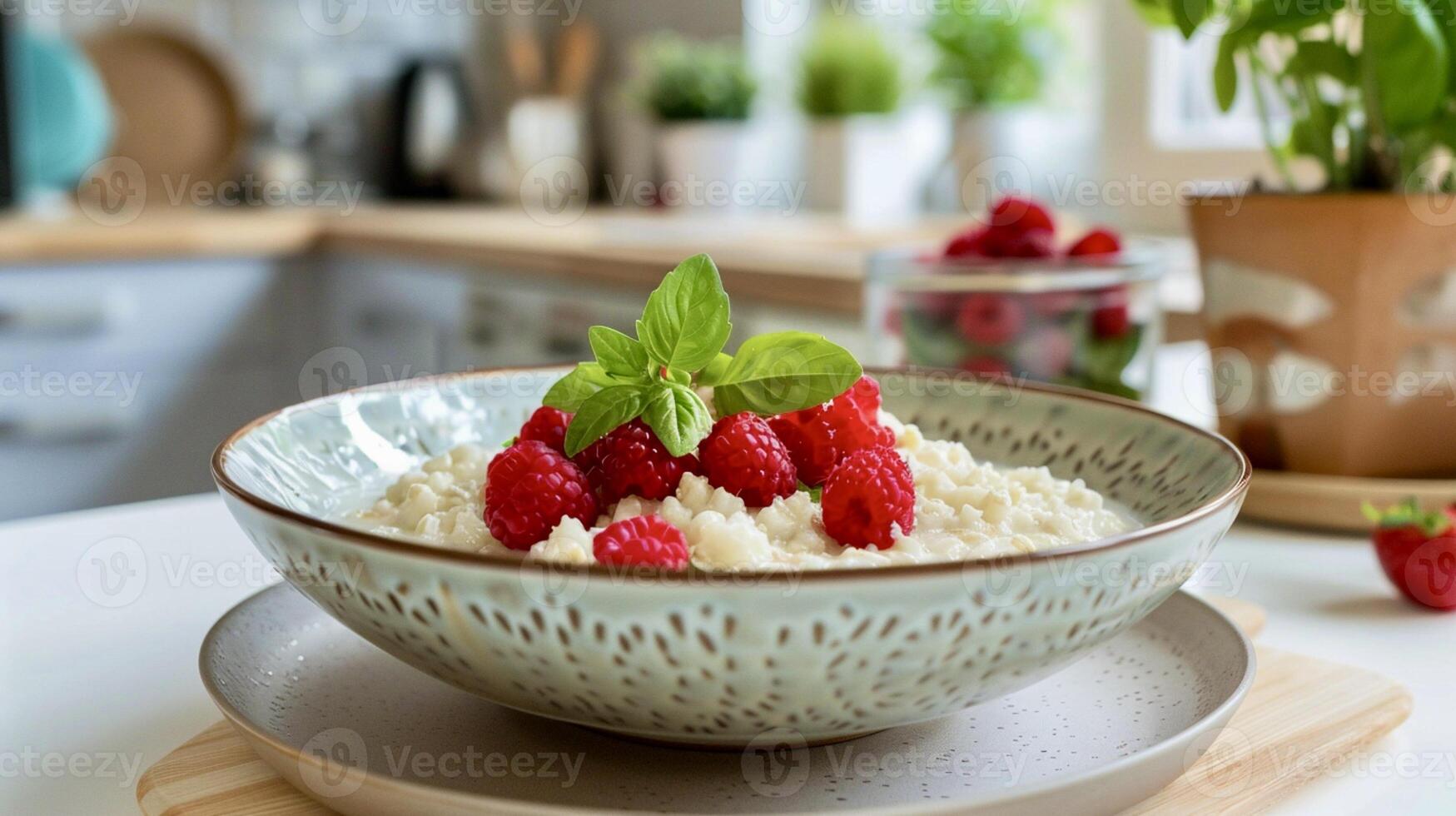 AI Generated millet porridge with fresh raspberries on a white plate in a modern bright kitchen, studio shoot photo