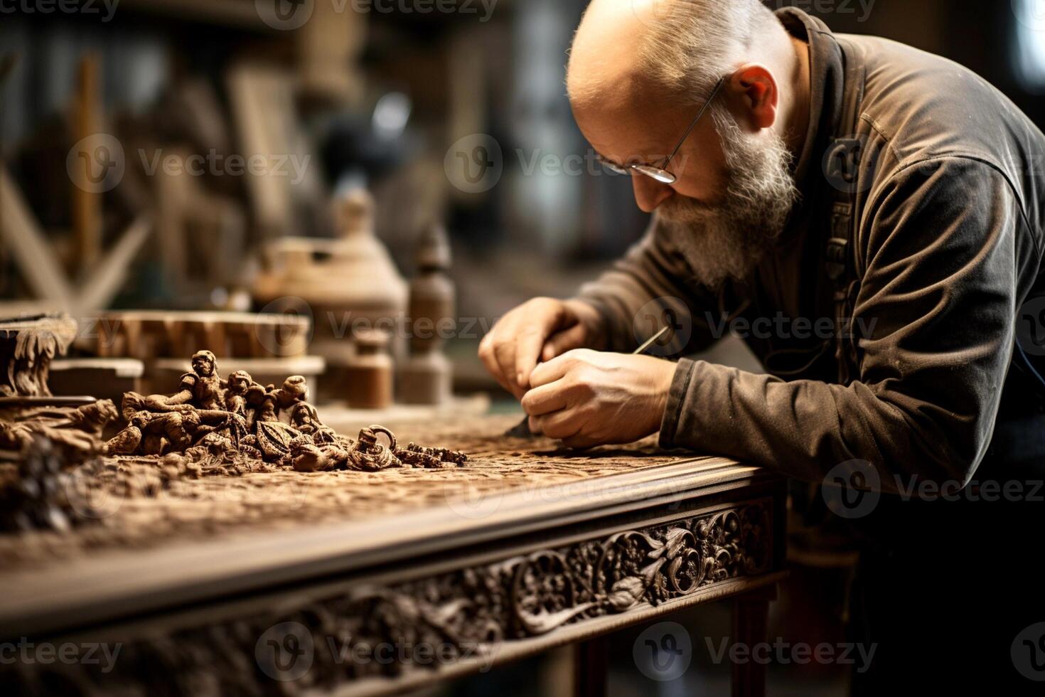 AI Generated An elderly male restorer bent over restoring old furniture in his workshop photo