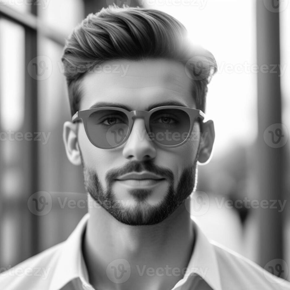 AI Generated BW photography, portrait of a young man in a light shirt and sunglasses on the background of a building and the setting sun photo