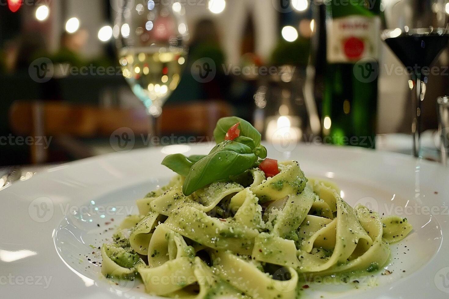 AI Generated green broccoli pasta sits on a white plate in a modern restaurant photo