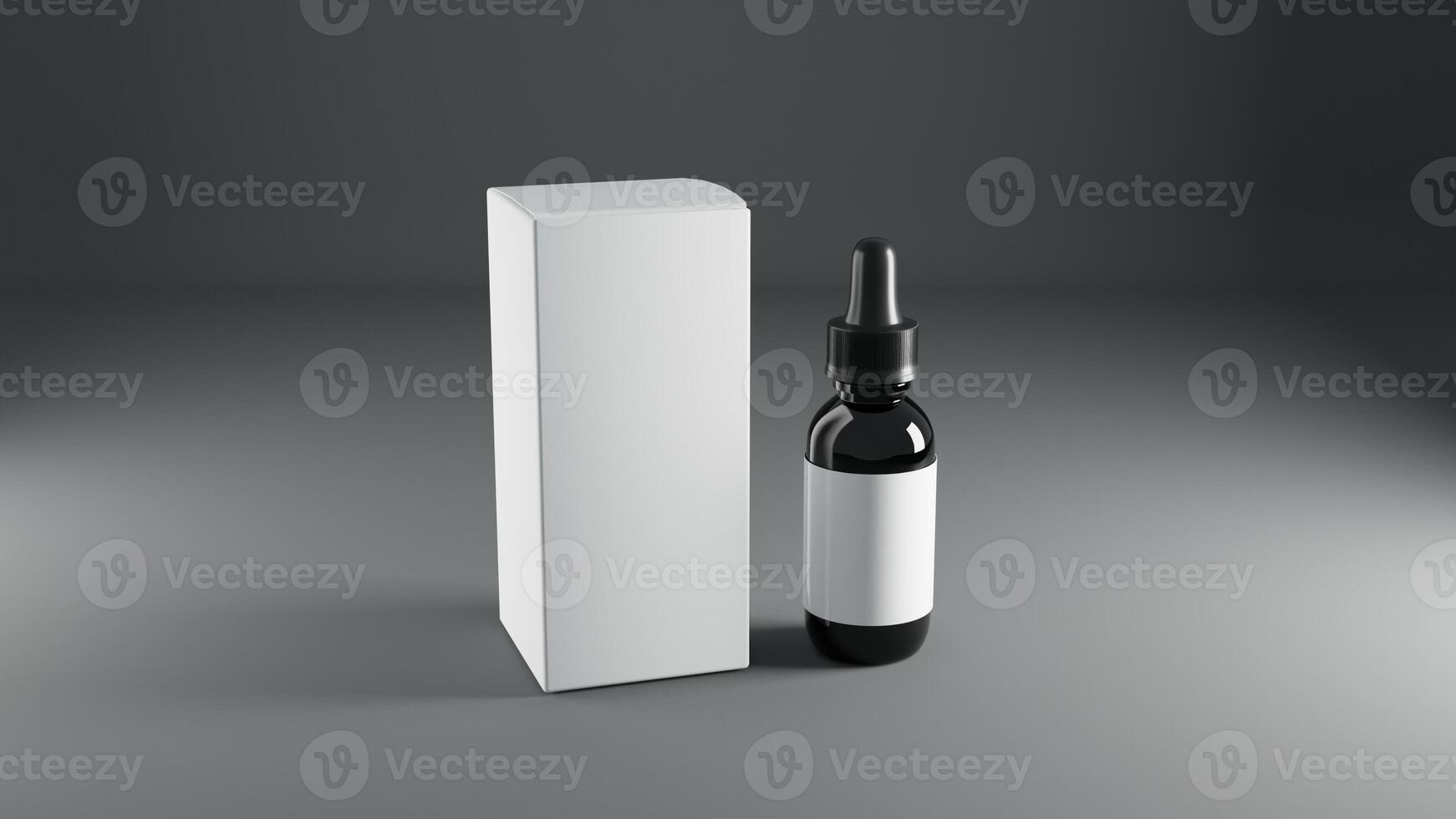 Mockup of a black glass dropper bottle with blank label standing on a white box photo