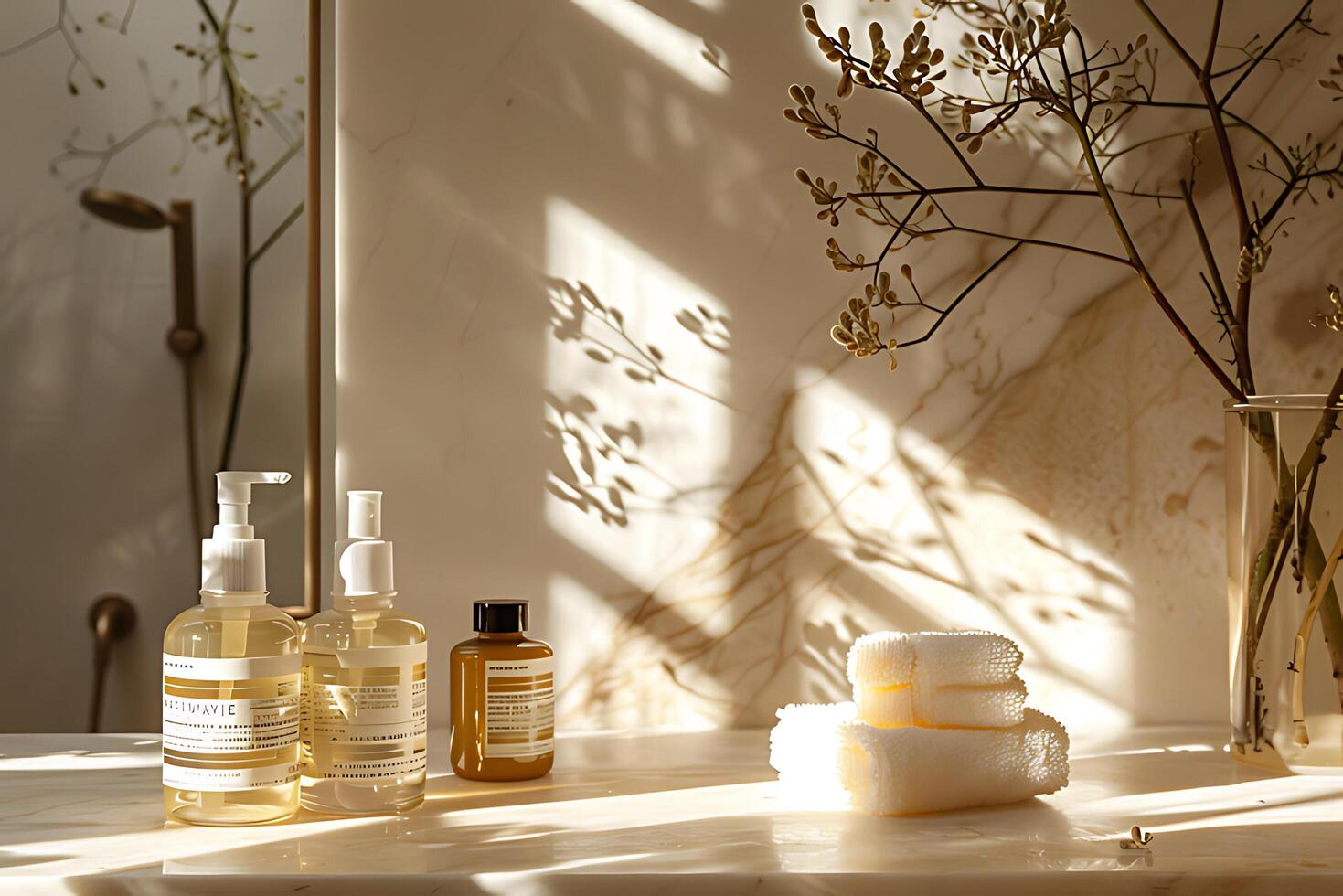 AI generated Warm sunlight filters through a rustic spa setting, highlighting organic skincare products and a serene photo