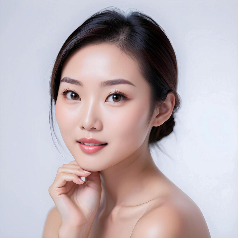 AI generated The fresh-looking Asian lady has radiant and smooth skin, her hand gently touching her face. photo
