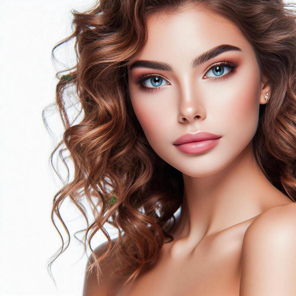 AI generated young woman face and body are captured in the model photo