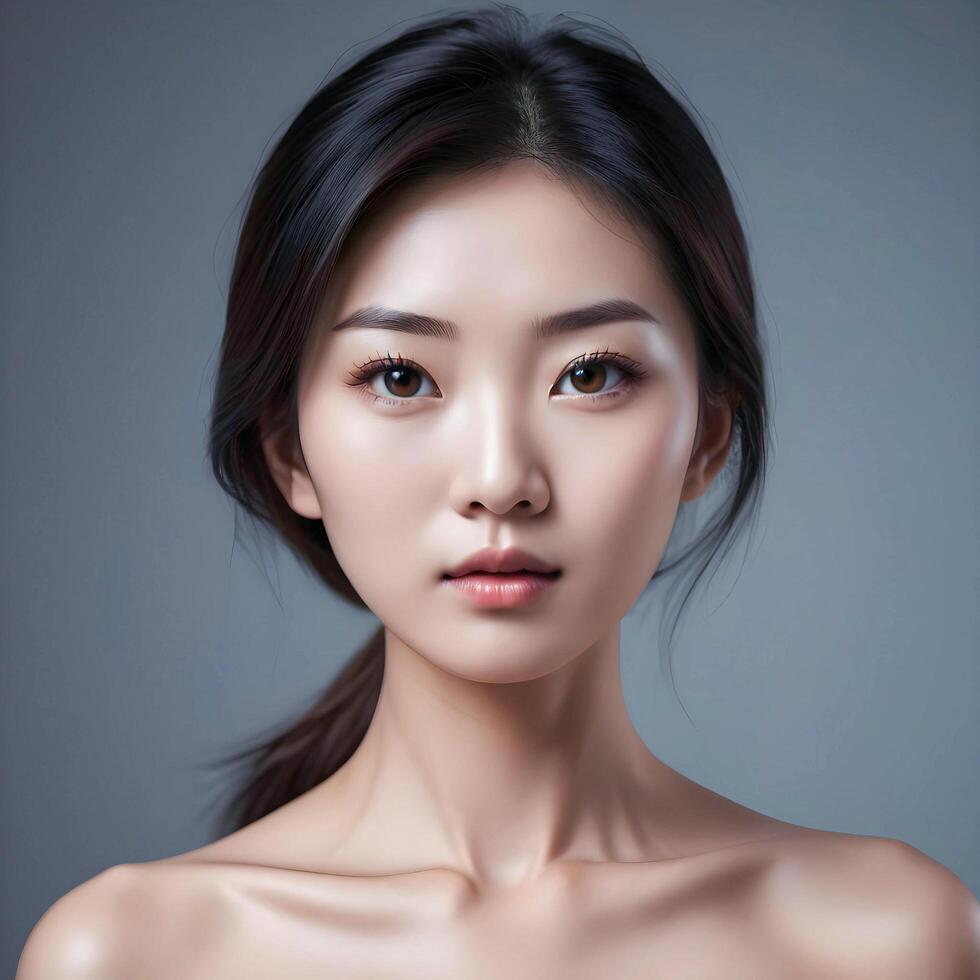 AI generated The Asian woman's face and body are captured in the model photo