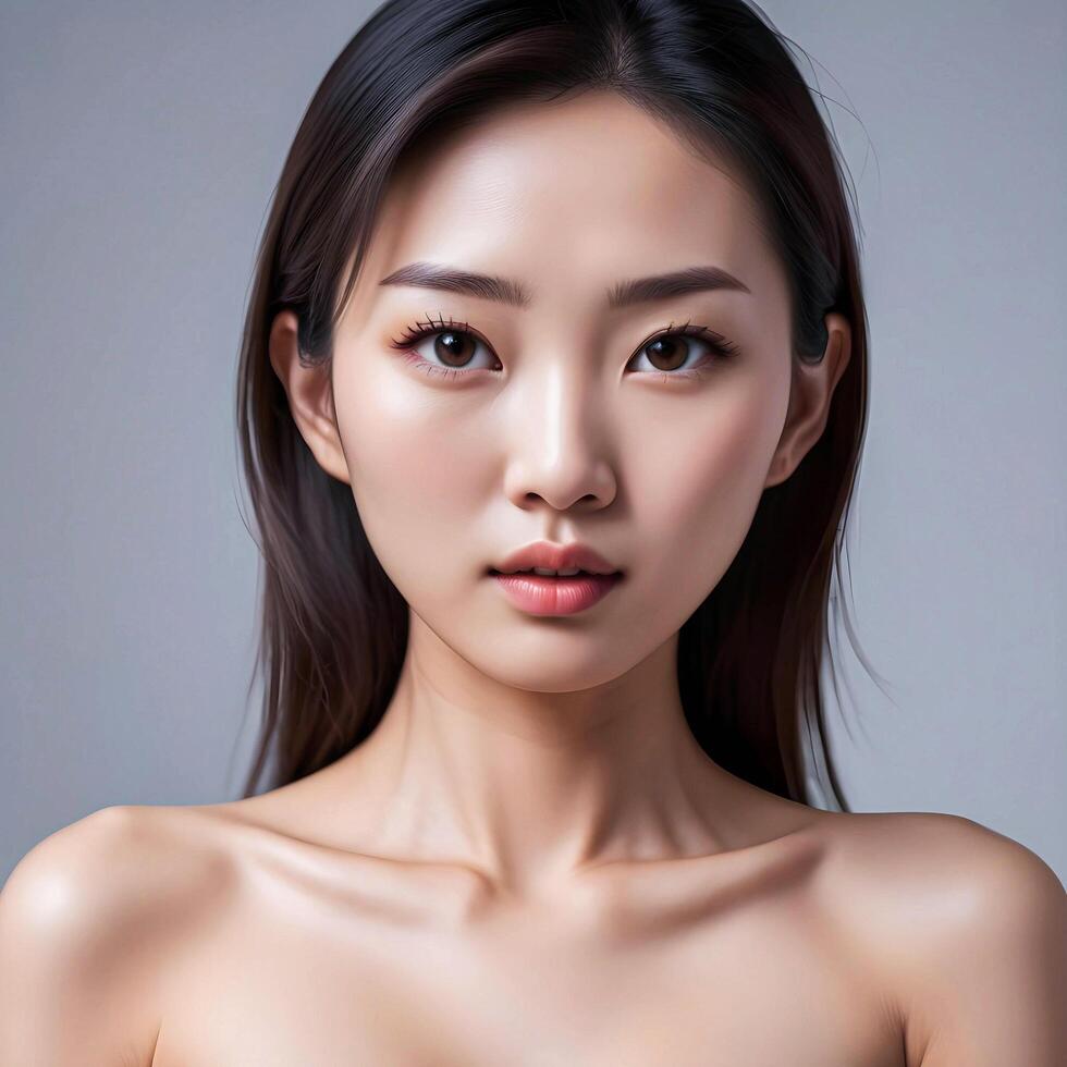 AI generated The Asian woman's face and body are captured in the model photo