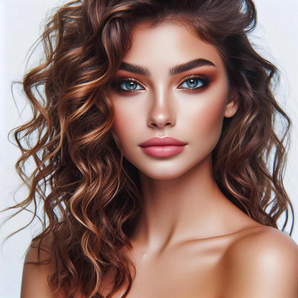 AI generated young woman face and body are captured in the model photo
