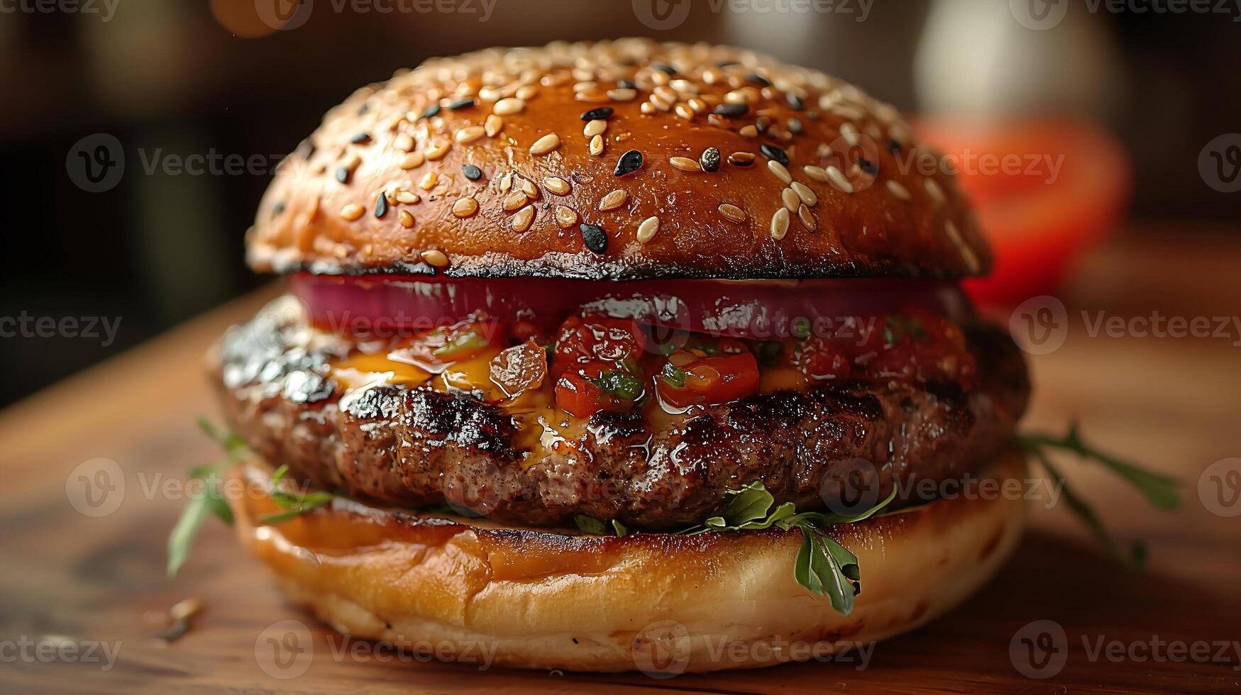 AI generated Fresh tasty burger on a wooden table photo