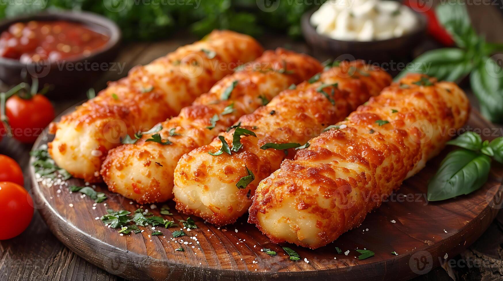 AI generated Fresh tasty mozzarella sticks on a wooden table close up view photo