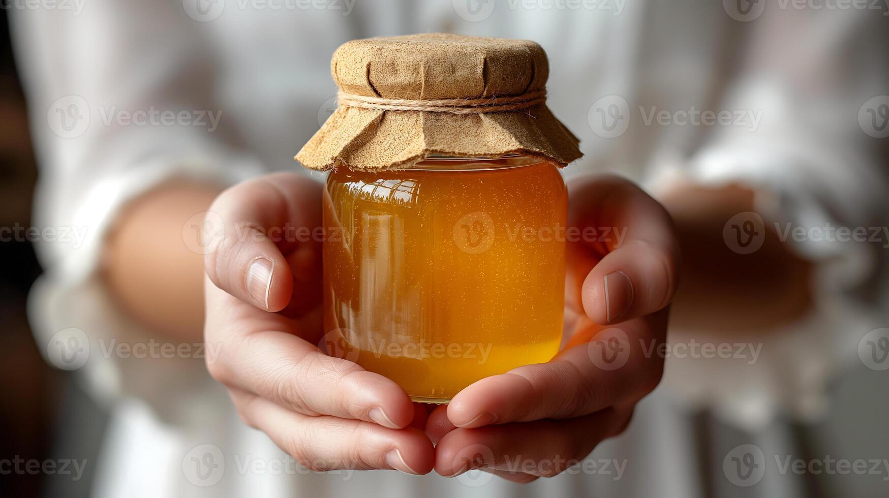 AI generated Holding fresh organic honey jar on a white background photo
