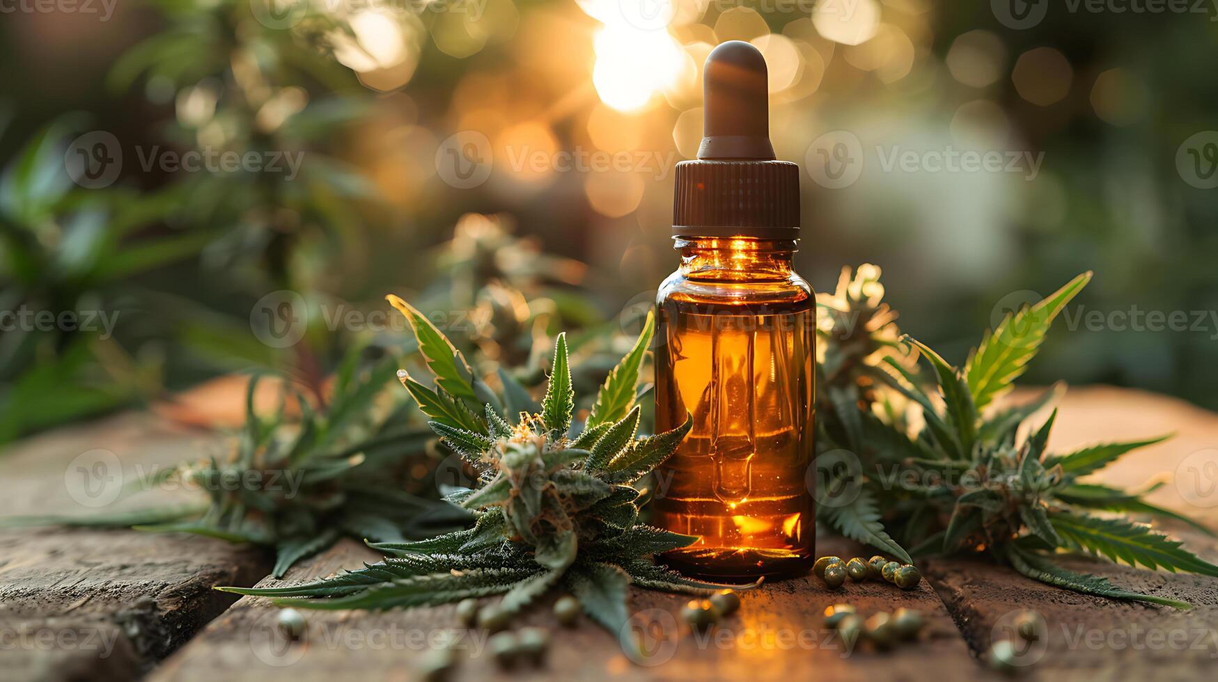 AI generated Hemp oil glass bottle on a wooden table with hemp plant photo