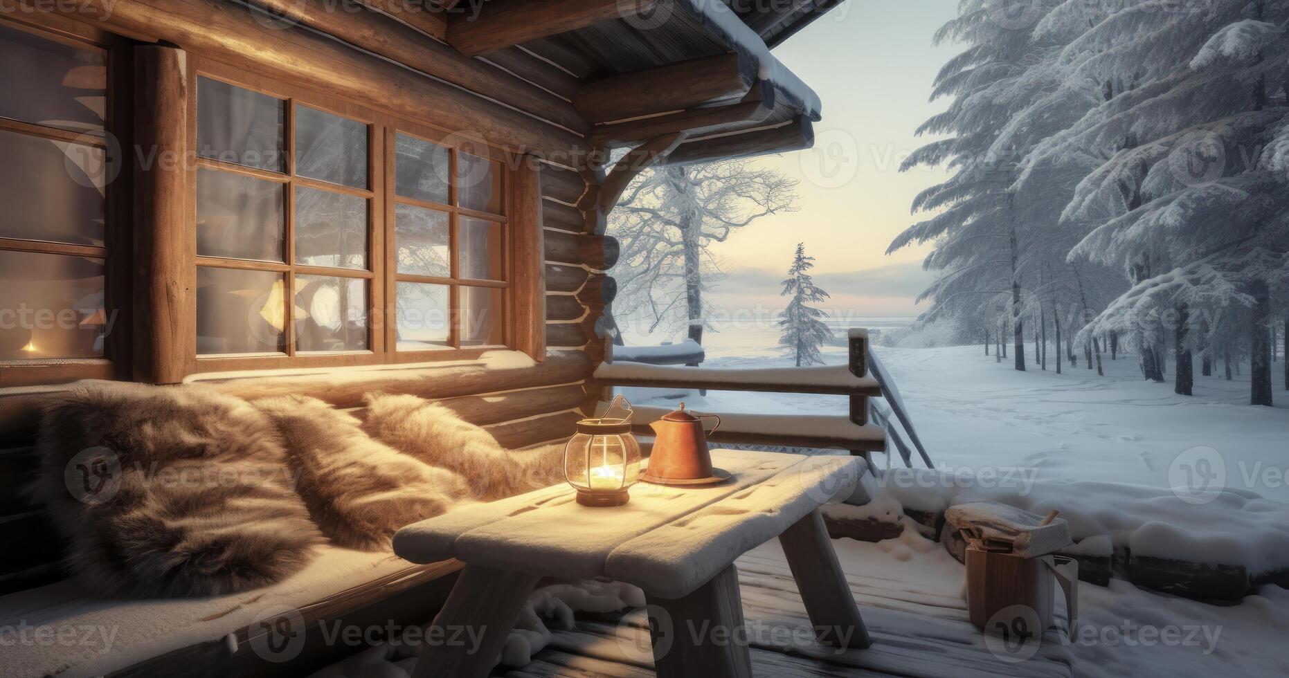 AI generated The Serene Exterior of a Winter Cabin Amid Seasonal Travels photo