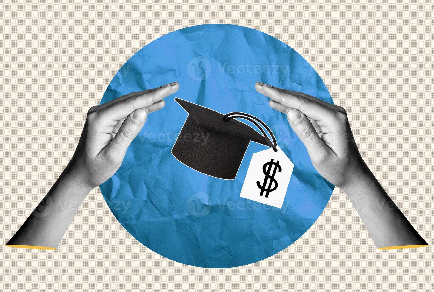 Concept of financial literacy and education. Human hand and graduation cap with dollar sign. Art collage. photo