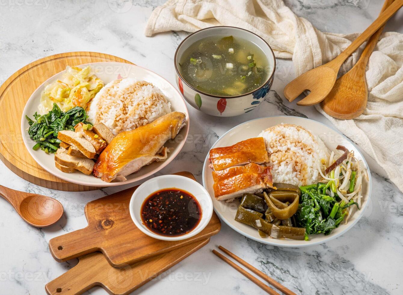 Taiwan food variety Shredded Chicken Set with Seaweed and Egg Drop Soup, Leg steak set, Chicken Wing Set, Chicken Set photo