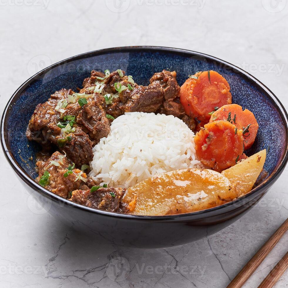 Beef Stew rice with carrot and potato served in a dish isolated on grey background side view of vietnam food photo