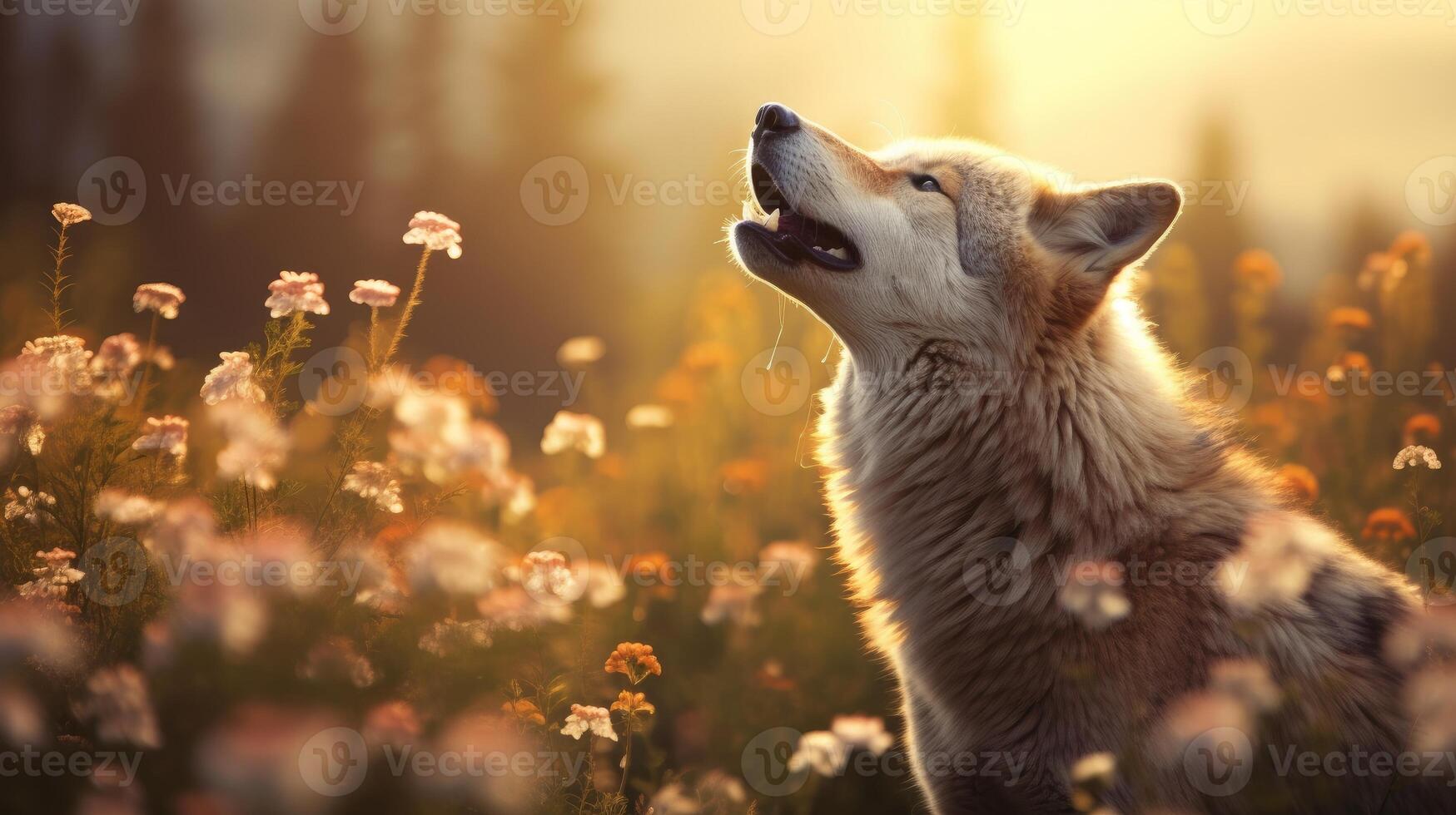 AI generated Majestic image of a wolf howling in a field of wildflowers. Generative AI photo