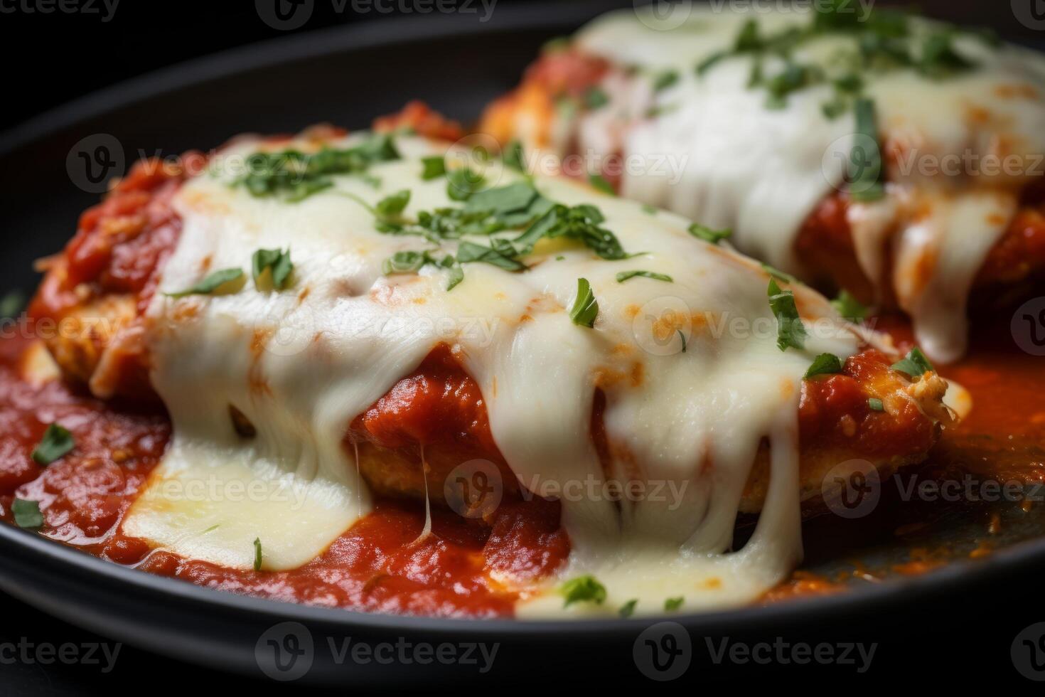 AI generated Close ups of bubbling cheese and marinara sauce on chicken parmigiana. Generative AI photo
