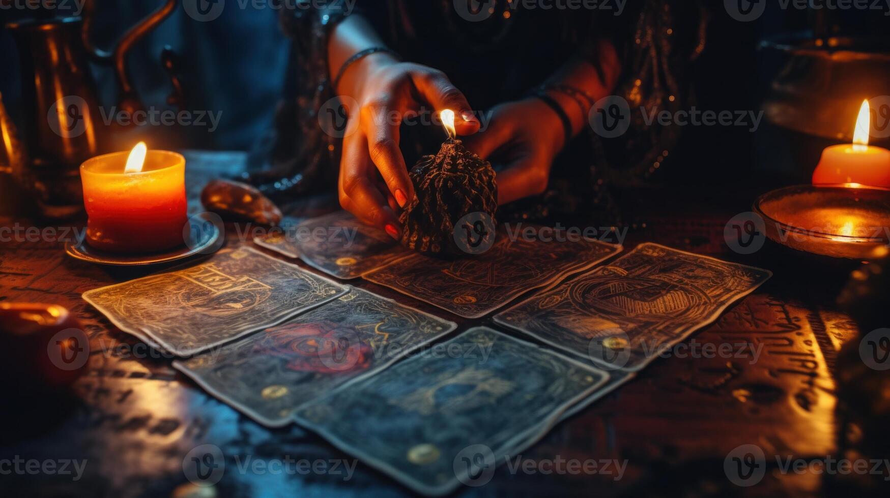 AI generated Close-up of a mysterious fortune teller's hands revealing a tarot card. Generative AI photo