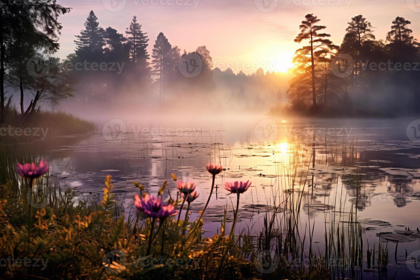 AI generated Misty morning over a tranquil lake, creating an enchanting natural scene. Generative AI photo
